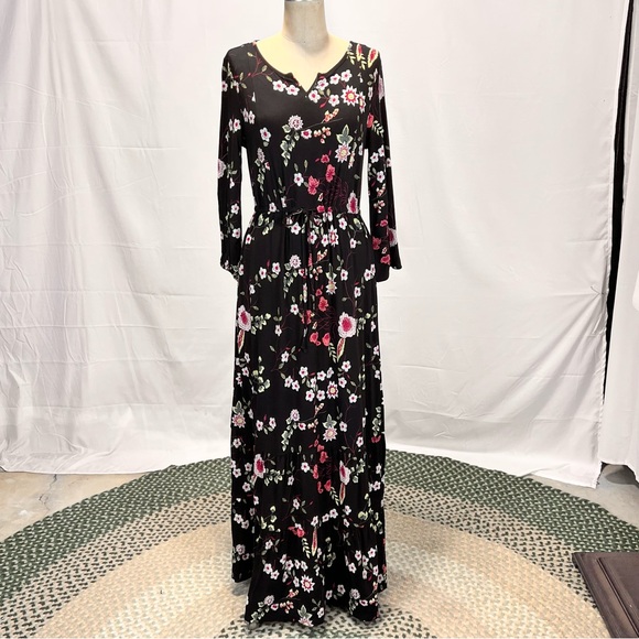 Dark moody botanical floral maxi dress long sleeve elastic drawstring waist - Picture 9 of 13